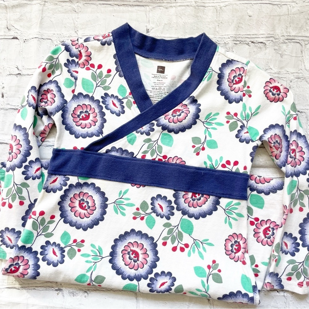 Girls Tea Collection White Purple & Green Floral Print Long Sleeve Dress